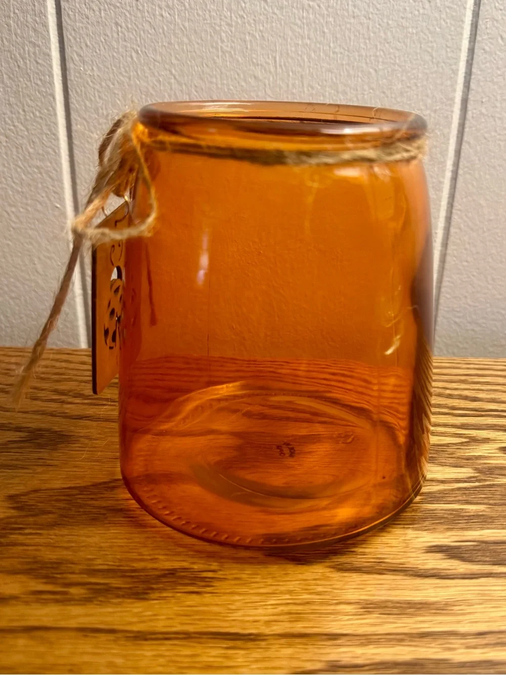 Amber Glass Jar Vase with Jute Twine & Wooden Ladybug Charm Rustic Decor